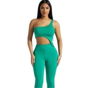 Naked Wardrobe Womens Smooth Side Crop Top Asymmetric One Shoulder Green L